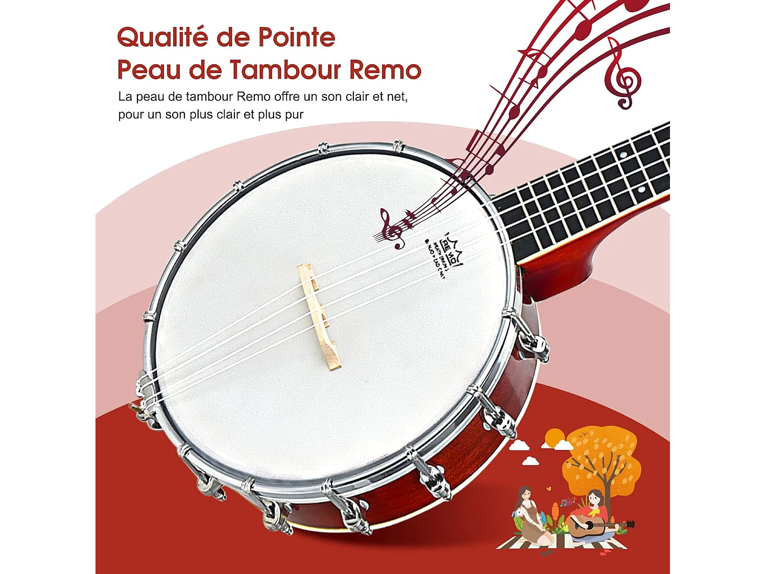 Banjo 4 cordes 24 pouces remo peau, 61,5 x 120 x 7,3 cm