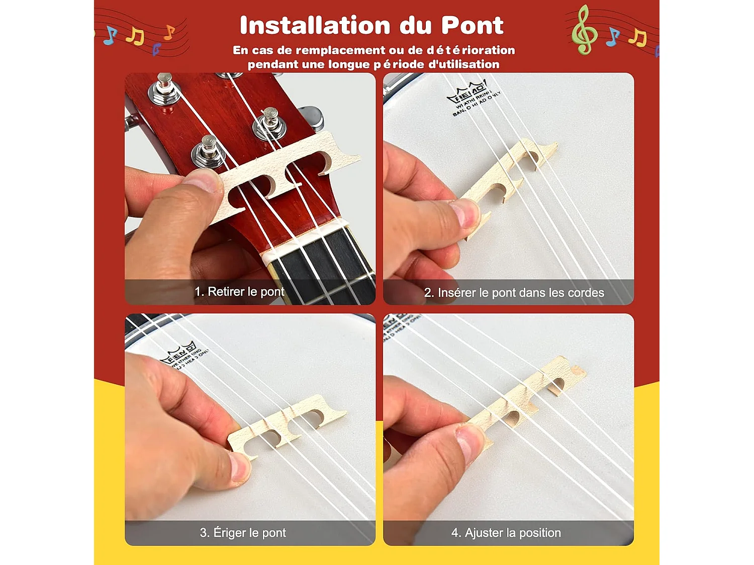 Banjo 4 cordes 24 pouces remo peau, 61,5 x 120 x 7,3 cm