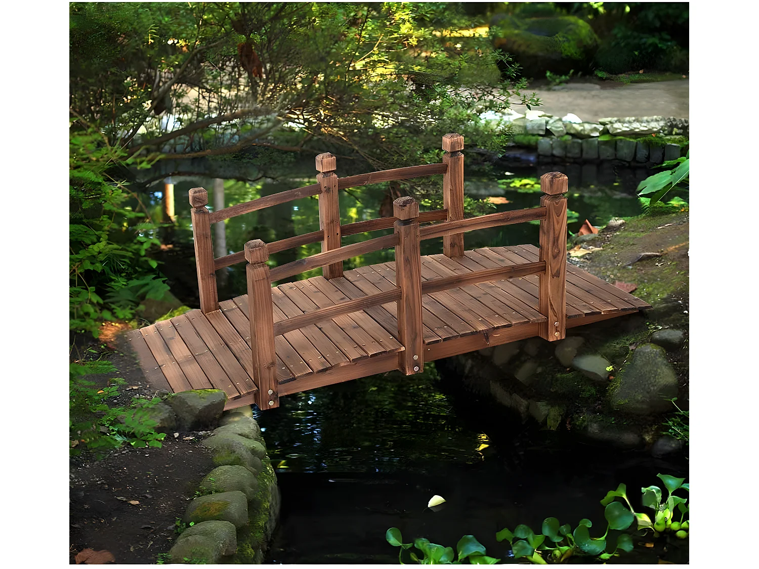 Pont de Jardin en Bois 150 x 67 x 55CM Pont d'Etang Pont de Bassin Pont en Bois Décoration Extérieure Chargé Environ 100KG