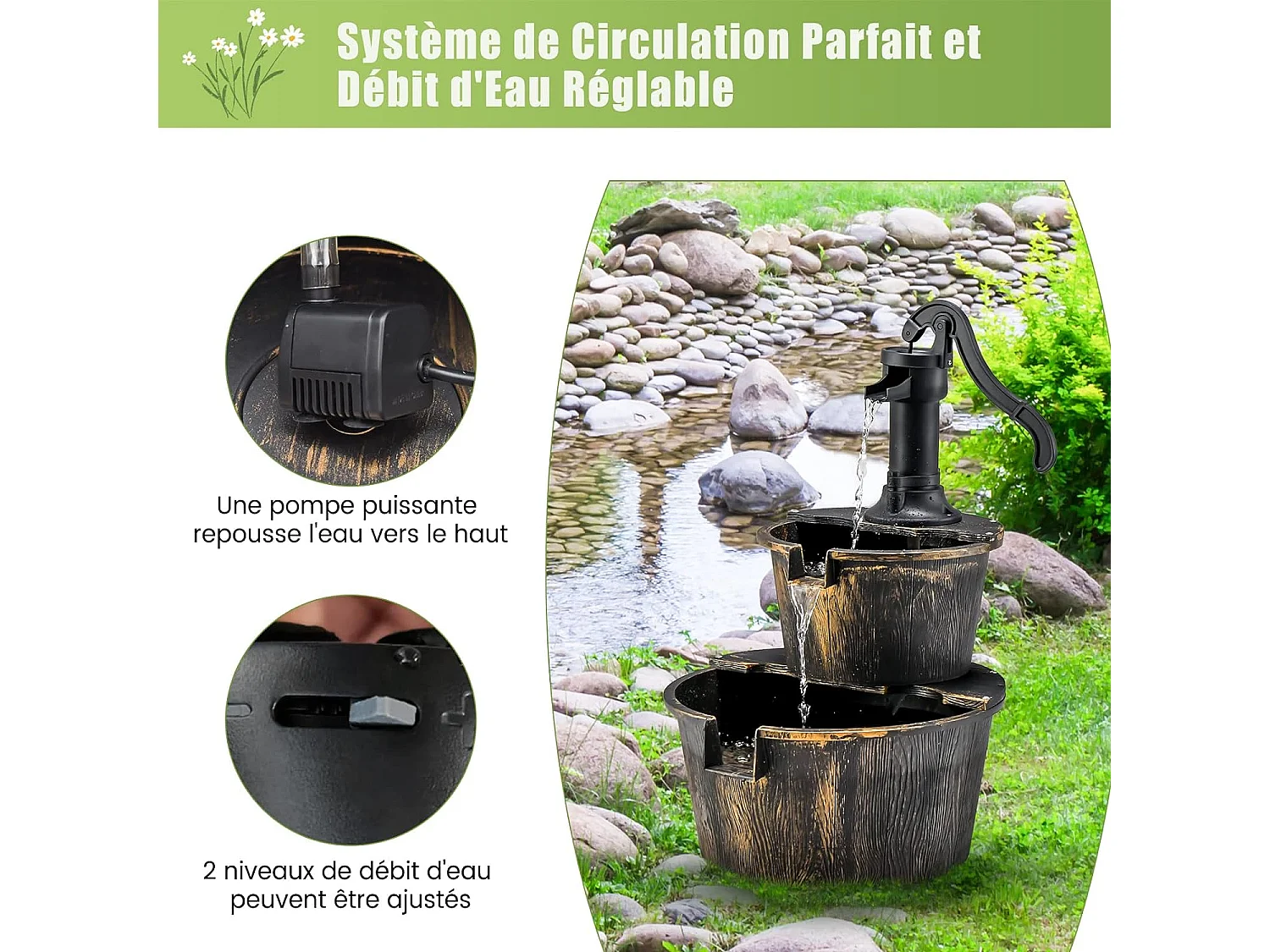 Fontaine en Cascade Extérieure à 2 Étages avec Pompe Réglable, Puit Décoration de Jardin/Cour Autoportante de 68 cm en PP de Style Rustique (Bronze)