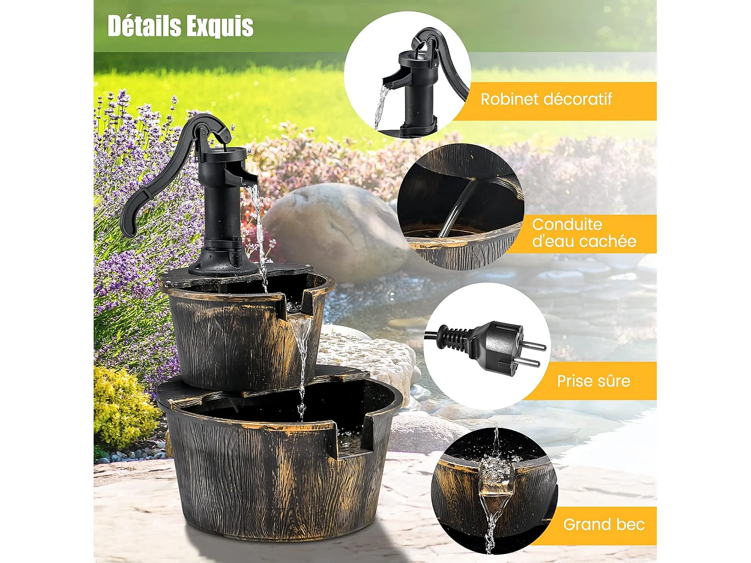 Fontaine en Cascade Extérieure à 2 Étages avec Pompe Réglable, Puit Décoration de Jardin/Cour Autoportante de 68 cm en PP de Style Rustique (Bronze)