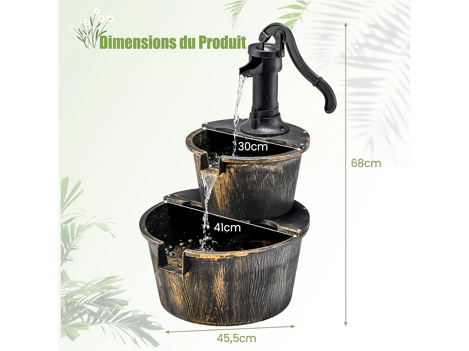Fontaine en Cascade Extérieure à 2 Étages avec Pompe Réglable, Puit Décoration de Jardin/Cour Autoportante de 68 cm en PP de Style Rustique (Bronze)