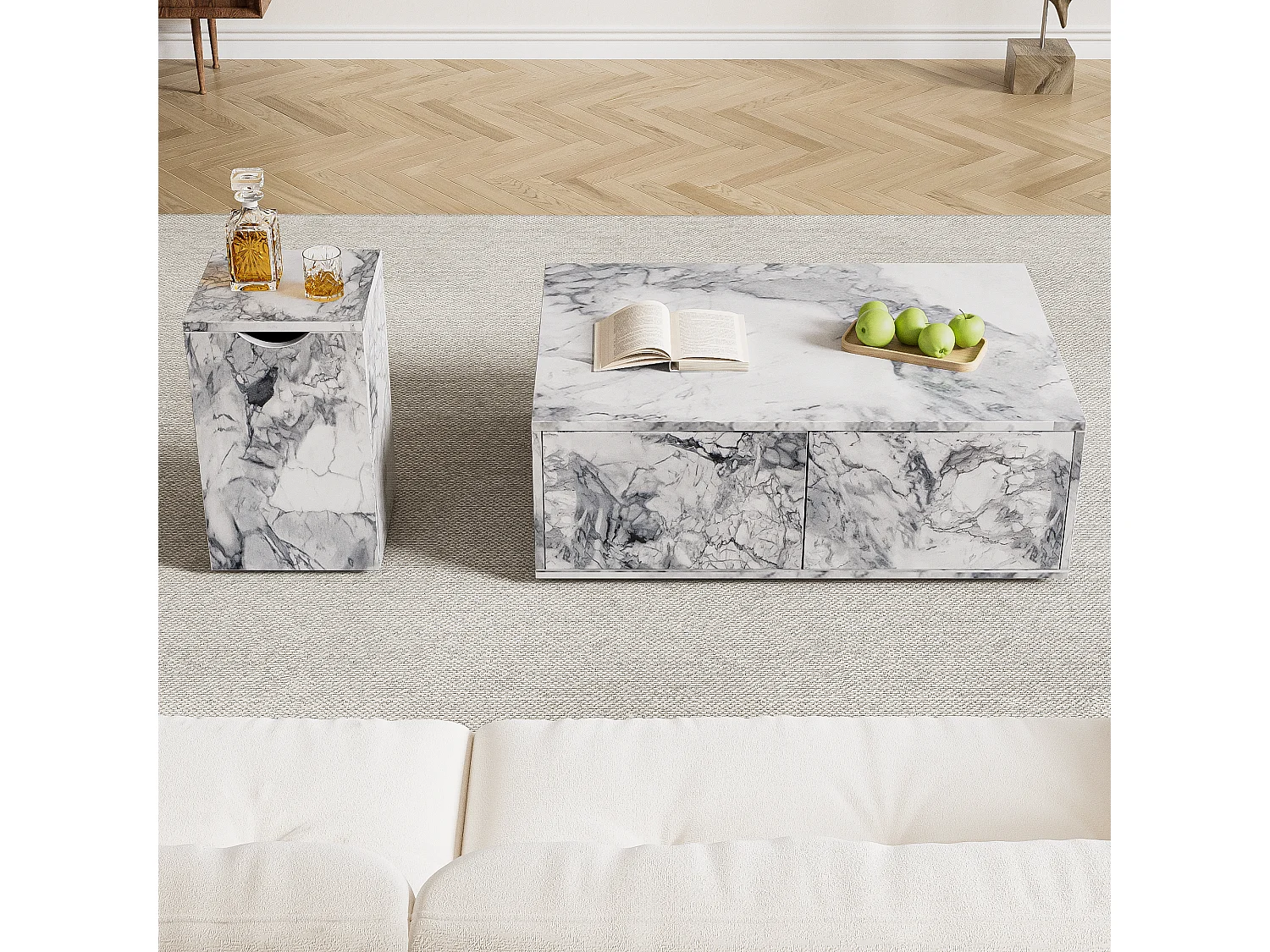 Table basse combiné, lot de 2 tables basses - 100x33,5x70cm+32x32x50cm - Effet marbre - Bois MDF - Blanc