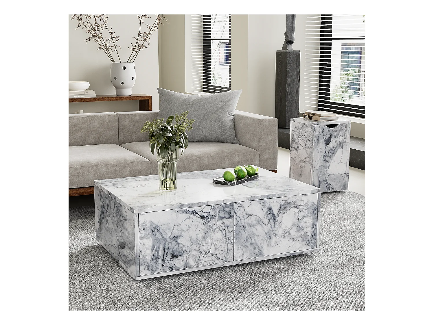 Table basse combiné, lot de 2 tables basses - 100x33,5x70cm+32x32x50cm - Effet marbre - Bois MDF - Blanc