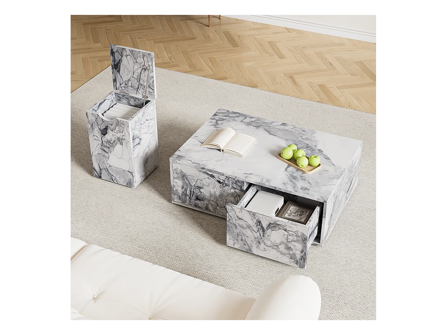 Table basse combiné, lot de 2 tables basses - 100x33,5x70cm+32x32x50cm - Effet marbre - Bois MDF - Blanc