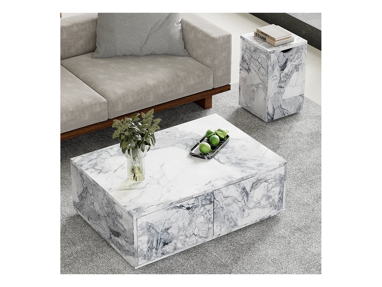 Table basse combiné, lot de 2 tables basses - 100x33,5x70cm+32x32x50cm - Effet marbre - Bois MDF - Blanc