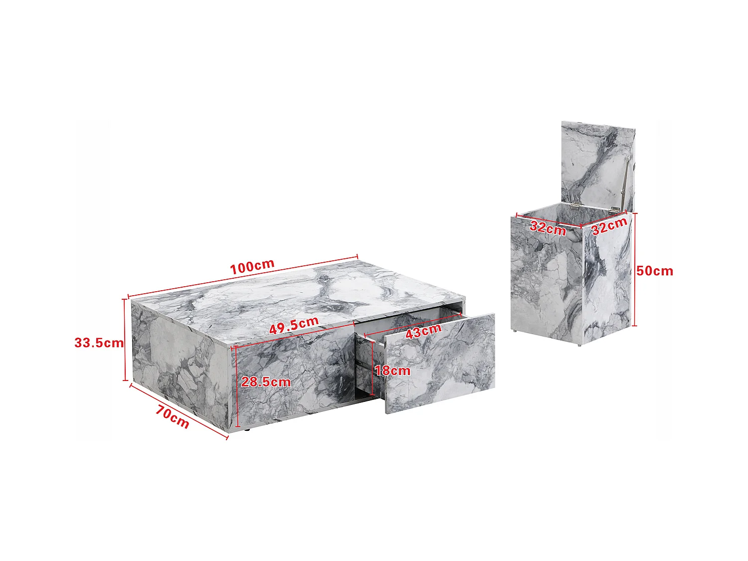 Table basse combiné, lot de 2 tables basses - 100x33,5x70cm+32x32x50cm - Effet marbre - Bois MDF - Blanc