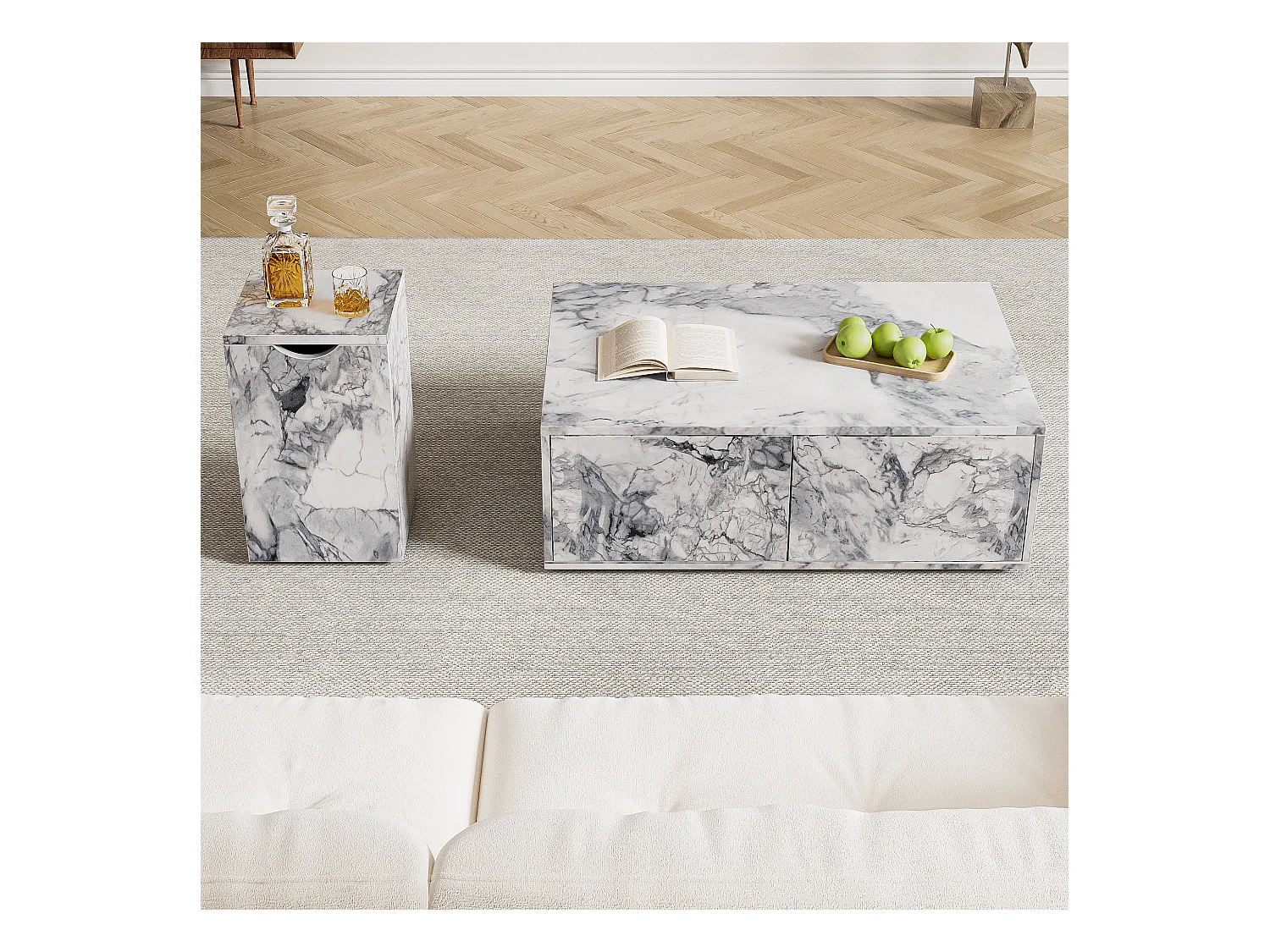 Table basse combiné, lot de 2 tables basses - 100x33,5x70cm+32x32x50cm - Effet marbre - Bois MDF - Blanc
