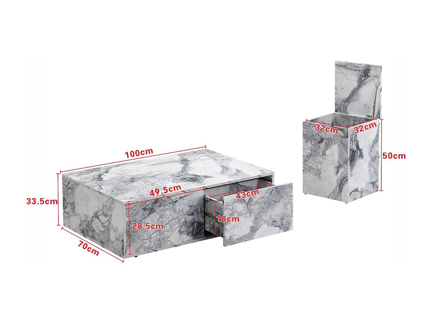 Mesa de centro combinada, juego de 2 mesas de centro - 100x33,5x70cm + 32x32x50cm - Imitación mármol - Madera MDF - Blanco