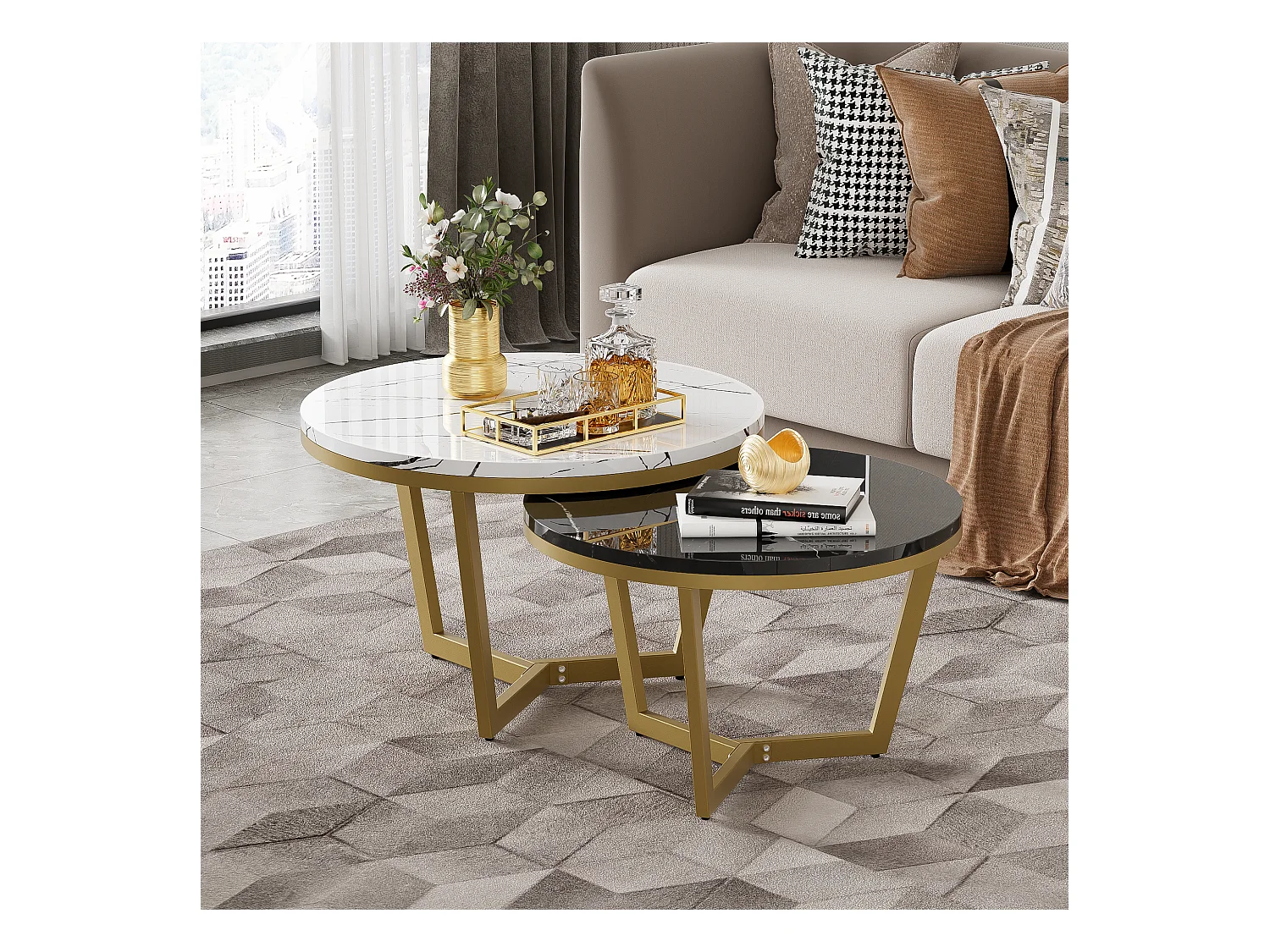 Lot de 2 tables basses gigognes - Motif de Marbre - bois MDF et métal doré - Blanc + noir