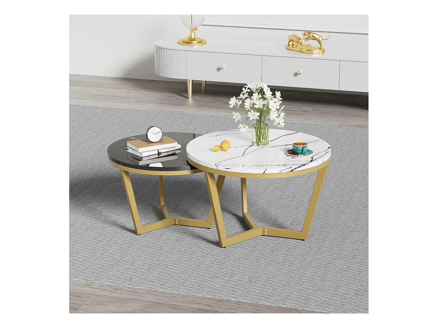 Lot de 2 tables basses gigognes - Motif de Marbre - bois MDF et métal doré - Blanc + noir