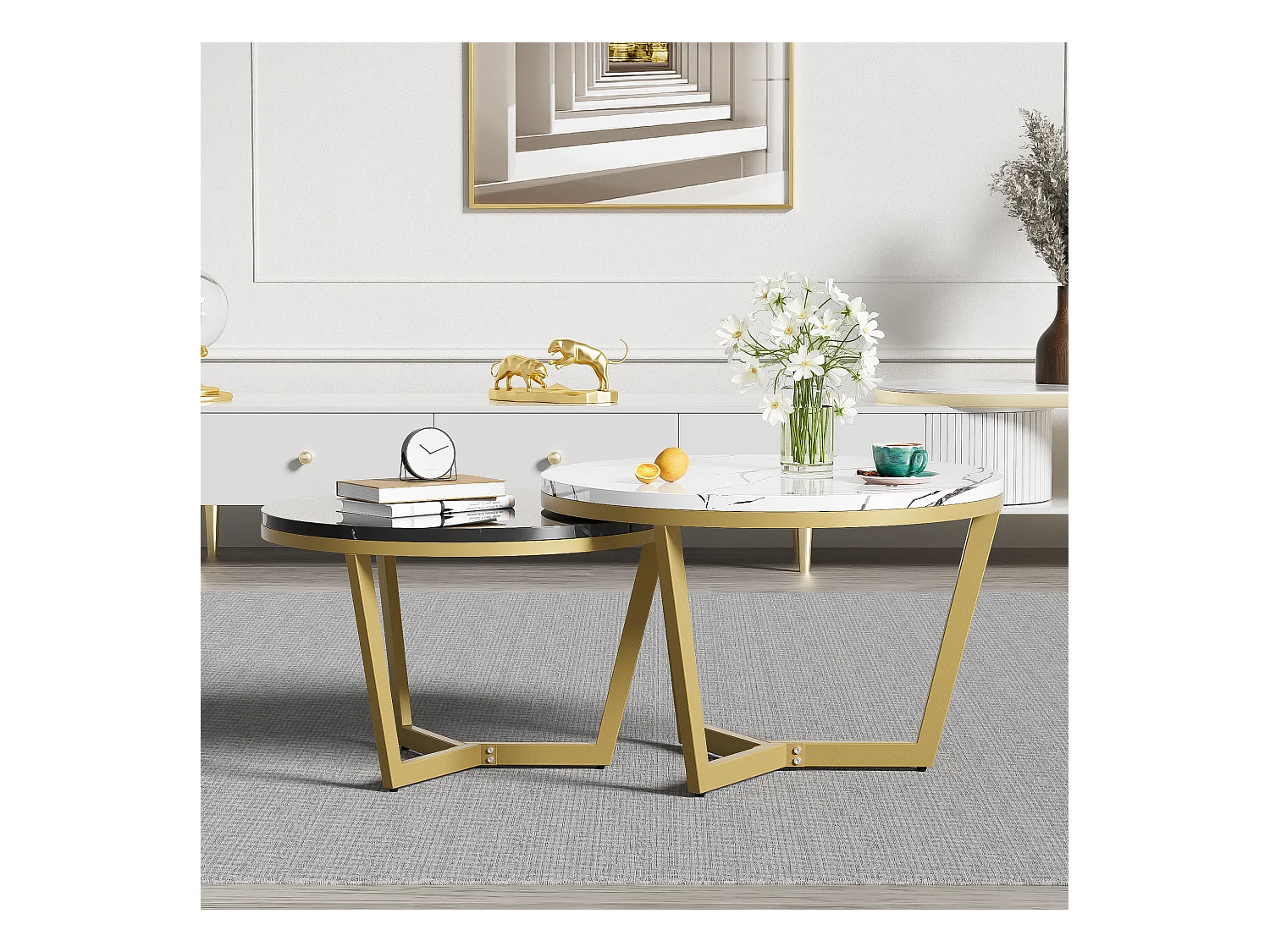 Lot de 2 tables basses gigognes - Motif de Marbre - bois MDF et métal doré - Blanc + noir