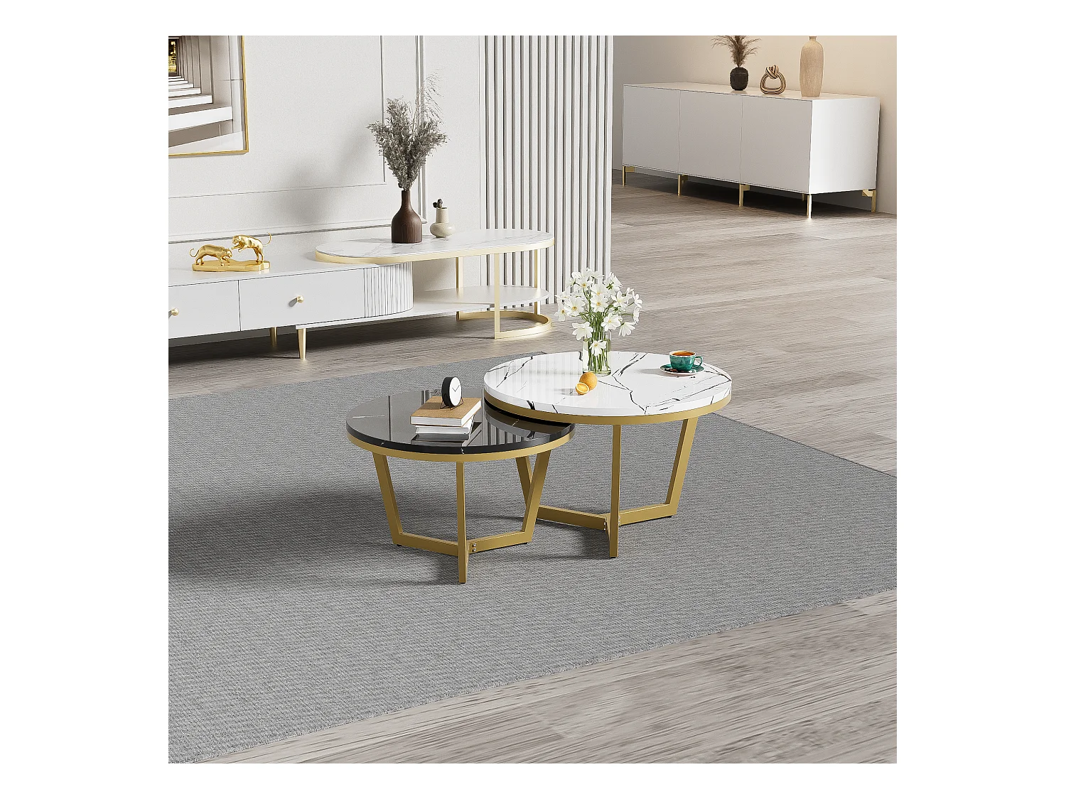 Lot de 2 tables basses gigognes - Motif de Marbre - bois MDF et métal doré - Blanc + noir