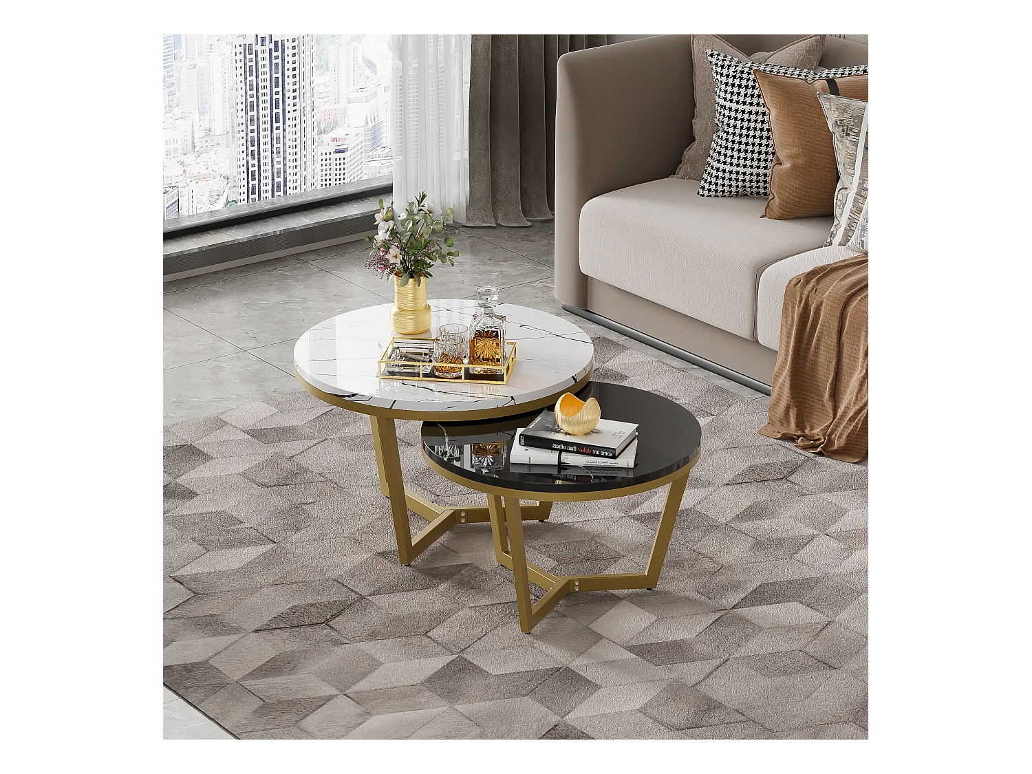 Lot de 2 tables basses gigognes - Motif de Marbre - bois MDF et métal doré - Blanc + noir