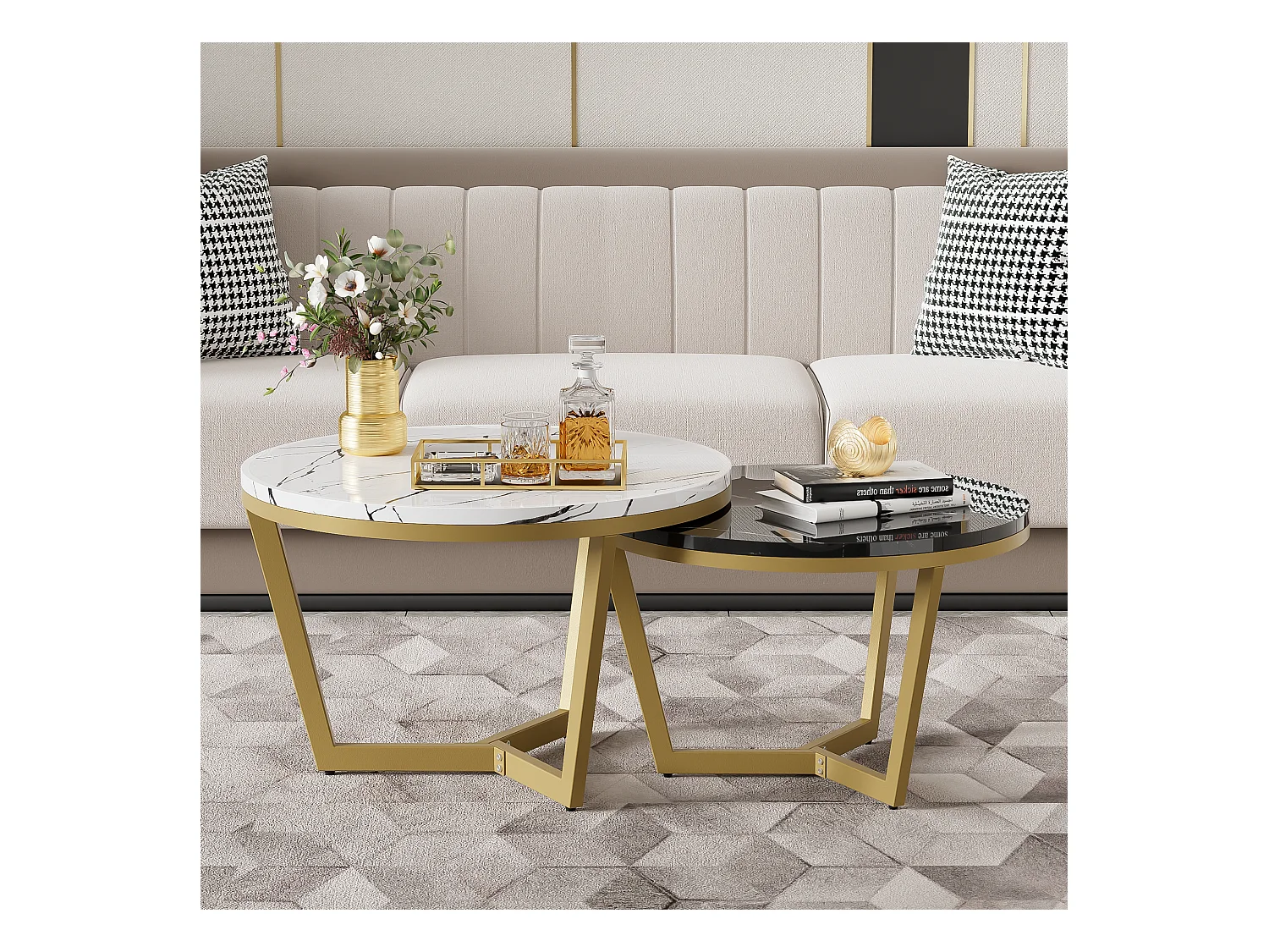 Lot de 2 tables basses gigognes - Motif de Marbre - bois MDF et métal doré - Blanc + noir