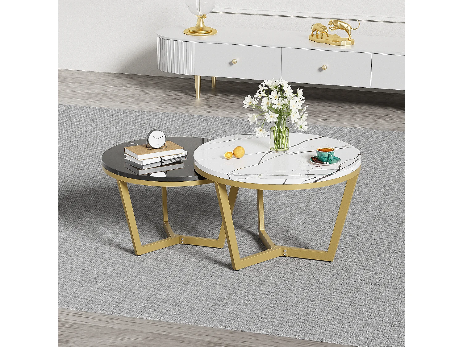 Lot de 2 tables basses gigognes - Motif de Marbre - bois MDF et métal doré - Blanc + noir