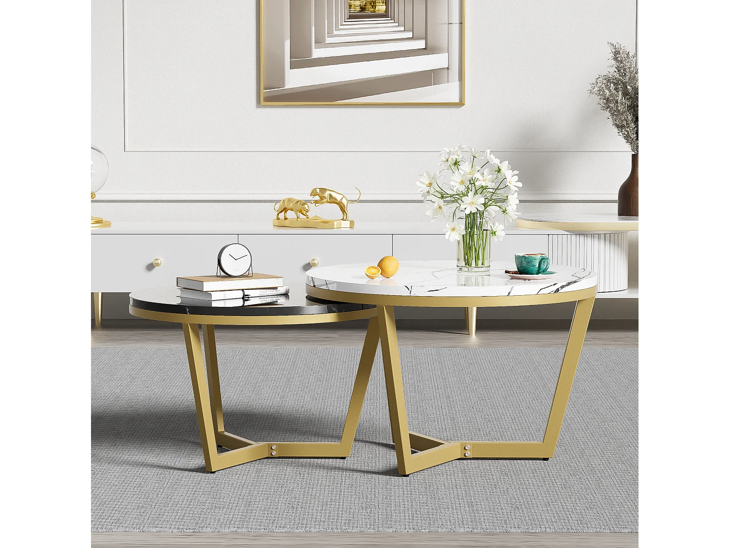 Lot de 2 tables basses gigognes - Motif de Marbre - bois MDF et métal doré - Blanc + noir