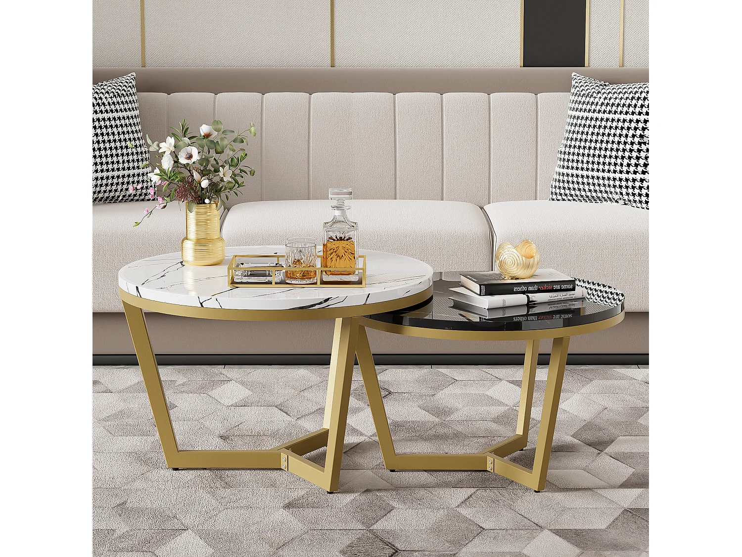 Lot de 2 tables basses gigognes - Motif de Marbre - bois MDF et métal doré - Blanc + noir