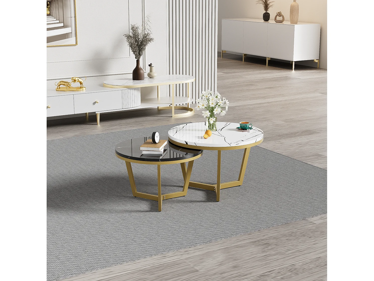 Lot de 2 tables basses gigognes - Motif de Marbre - bois MDF et métal doré - Blanc + noir