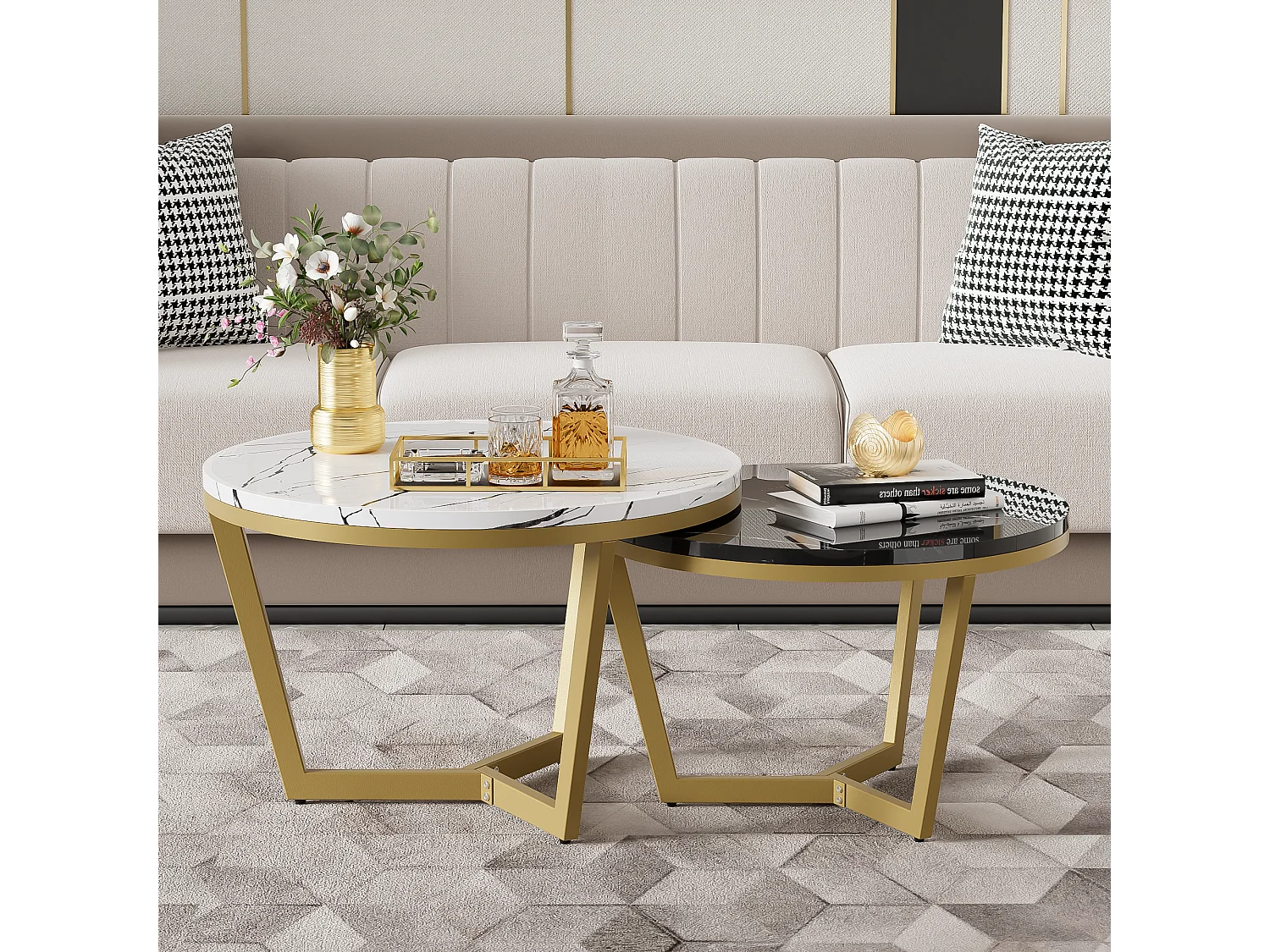 Lot de 2 tables basses gigognes - Motif de Marbre - bois MDF et métal doré - Blanc + noir