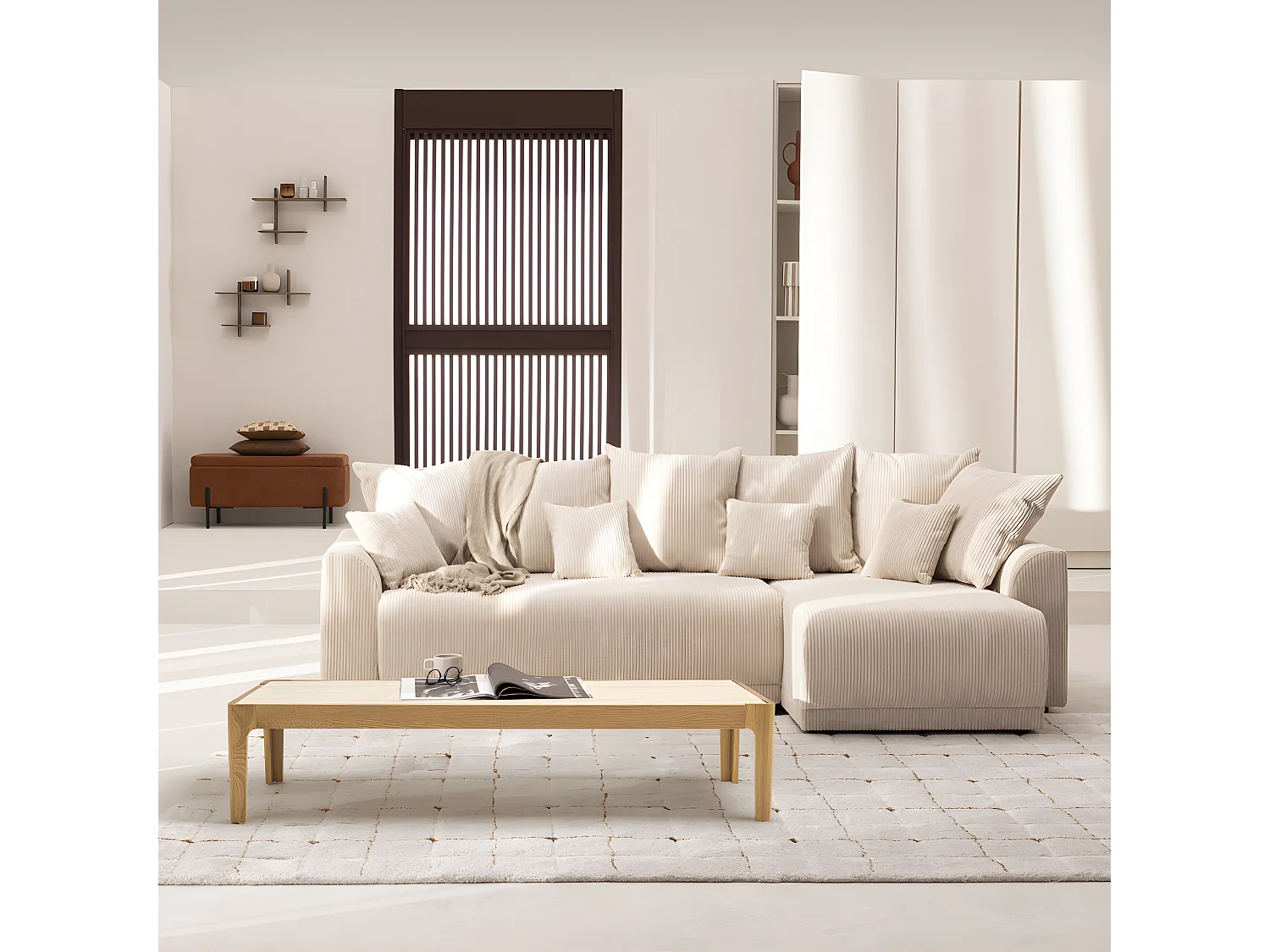 Kielce - Table basse en effet travertin et bois 160x50cm - Beige