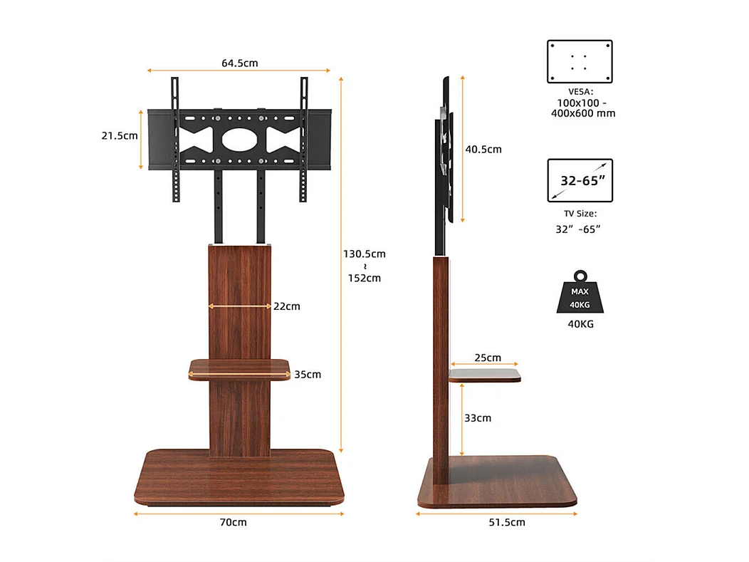 Support de TV avec 2 tablettes de rangement pour téléviseur de 32 à 65 pouce - Pied TV réglable charge 30kg VESA Max 600x400