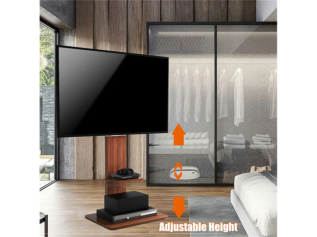 Support de TV avec 2 tablettes de rangement pour téléviseur de 32 à 65 pouce - Pied TV réglable charge 30kg VESA Max 600x400