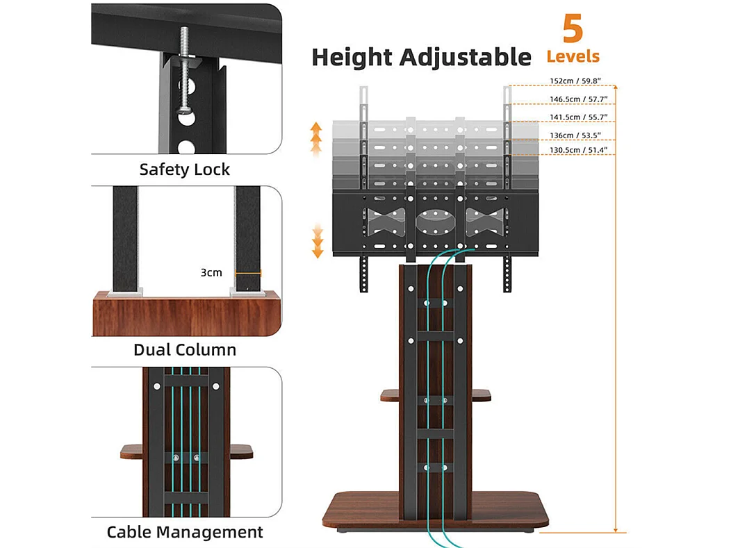Support de TV avec 2 tablettes de rangement pour téléviseur de 32 à 65 pouce - Pied TV réglable charge 30kg VESA Max 600x400