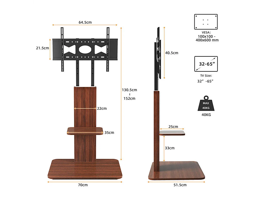 Support de TV avec 2 tablettes de rangement pour téléviseur de 32 à 65 pouce - Pied TV réglable charge 30kg VESA Max 600x400