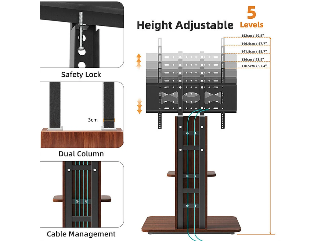Support de TV avec 2 tablettes de rangement pour téléviseur de 32 à 65 pouce - Pied TV réglable charge 30kg VESA Max 600x400