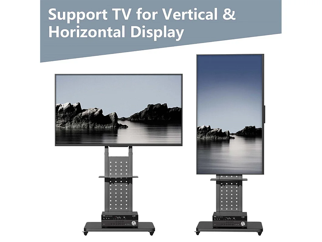 Support de TV avec 2 tablettes de rangement et  roulettes pour téléviseur de 32 à 65 pouce - Pied TV réglable charge 50kg VESA Max 600x400 Horizontal ou vertical