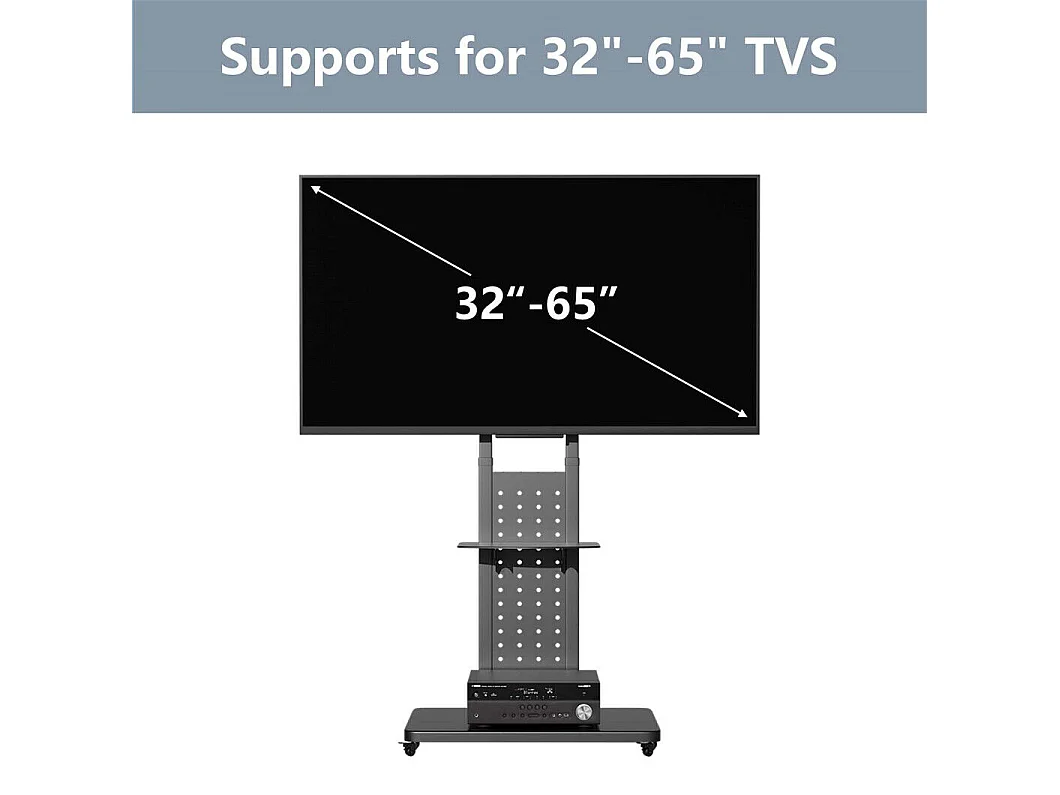 Support de TV avec 2 tablettes de rangement et  roulettes pour téléviseur de 32 à 65 pouce - Pied TV réglable charge 50kg VESA Max 600x400 Horizontal ou vertical