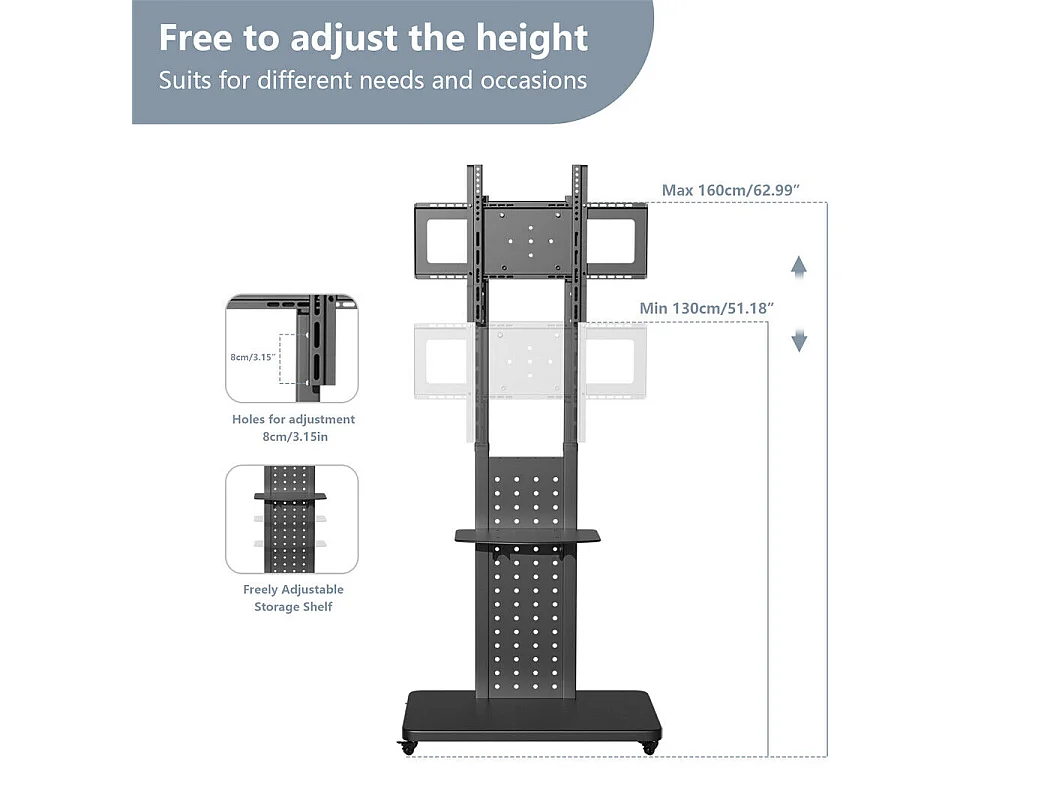 Support de TV avec 2 tablettes de rangement et  roulettes pour téléviseur de 32 à 65 pouce - Pied TV réglable charge 50kg VESA Max 600x400 Horizontal ou vertical