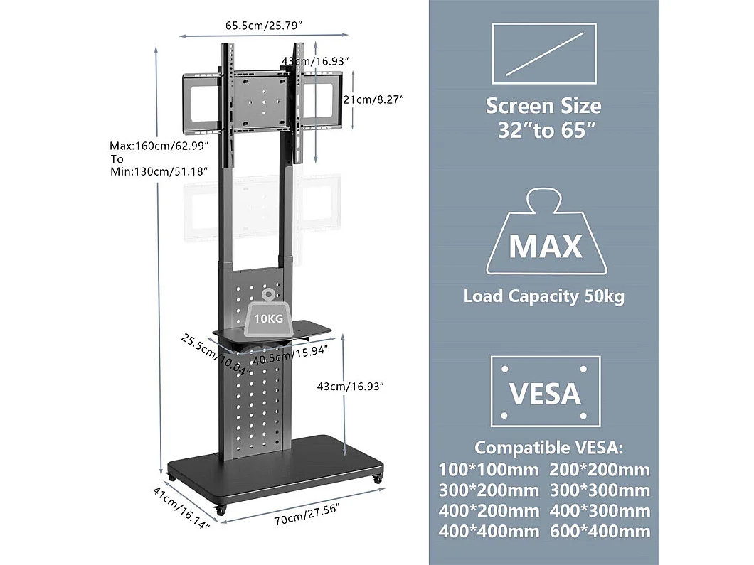 Support de TV avec 2 tablettes de rangement et  roulettes pour téléviseur de 32 à 65 pouce - Pied TV réglable charge 50kg VESA Max 600x400 Horizontal ou vertical