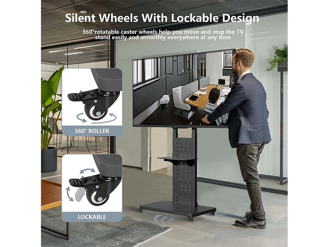 Support de TV avec 2 tablettes de rangement et  roulettes pour téléviseur de 32 à 65 pouce - Pied TV réglable charge 50kg VESA Max 600x400 Horizontal ou vertical