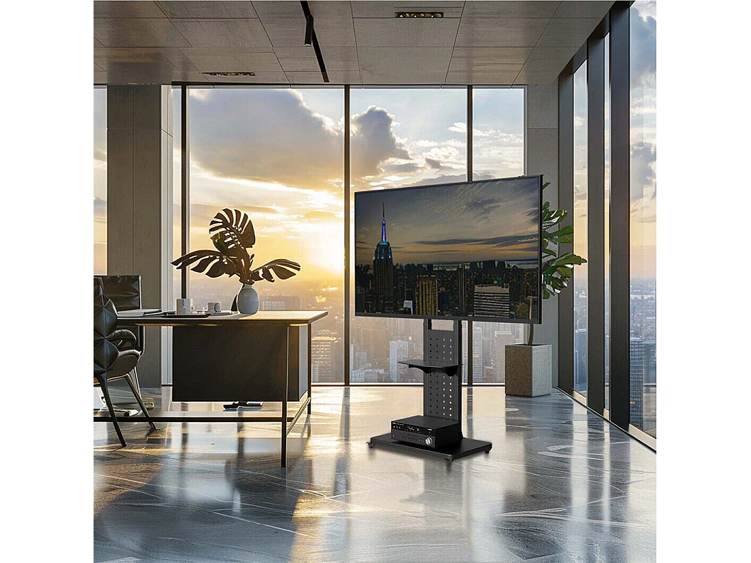 Support de TV avec 2 tablettes de rangement et  roulettes pour téléviseur de 32 à 65 pouce - Pied TV réglable charge 50kg VESA Max 600x400 Horizontal ou vertical