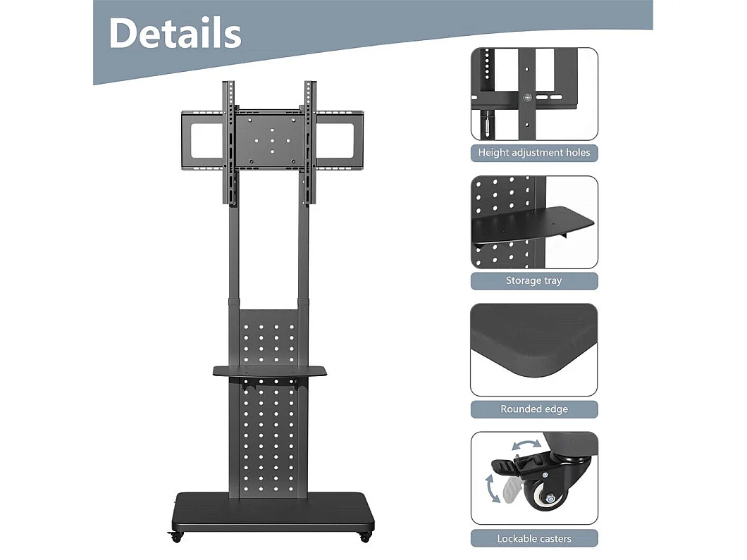 Support de TV avec 2 tablettes de rangement et  roulettes pour téléviseur de 32 à 65 pouce - Pied TV réglable charge 50kg VESA Max 600x400 Horizontal ou vertical