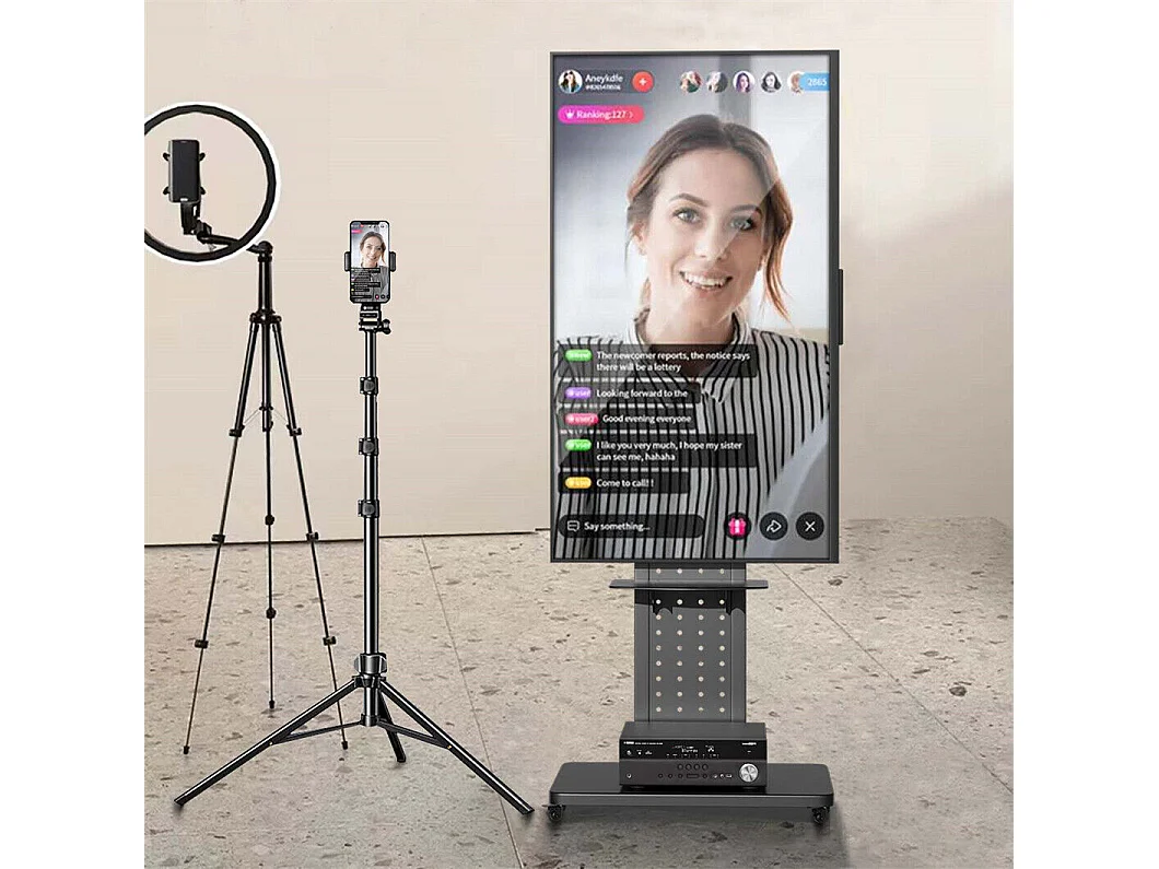 Support de TV avec 2 tablettes de rangement et  roulettes pour téléviseur de 32 à 65 pouce - Pied TV réglable charge 50kg VESA Max 600x400 Horizontal ou vertical