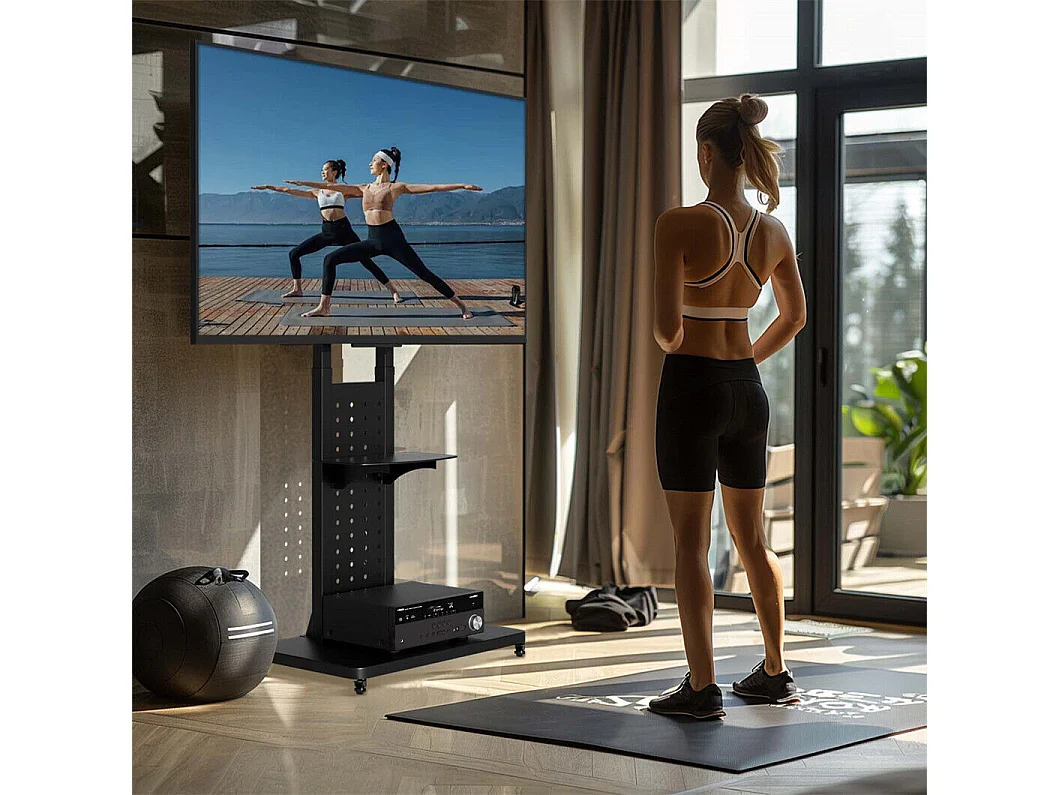 Support de TV avec 2 tablettes de rangement et  roulettes pour téléviseur de 32 à 65 pouce - Pied TV réglable charge 50kg VESA Max 600x400 Horizontal ou vertical