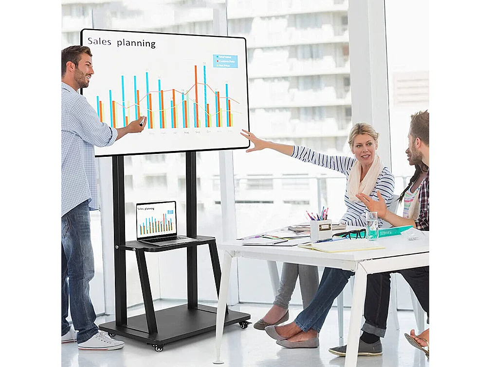 Support de TV avec 2 tablettes de rangement et  4 roulettes pour téléviseur de 32 à 80 pouce - Pied tv réglable - charge 65kg VESA Max 600x400