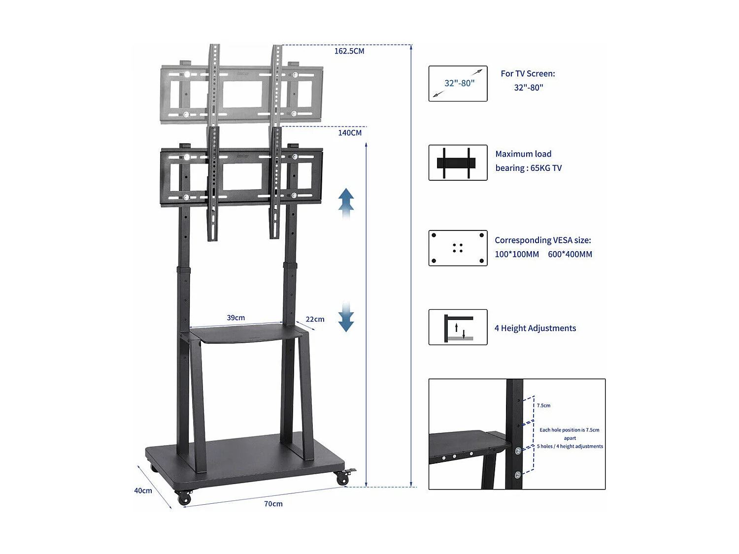 Support de TV avec 2 tablettes de rangement et  4 roulettes pour téléviseur de 32 à 80 pouce - Pied tv réglable - charge 65kg VESA Max 600x400