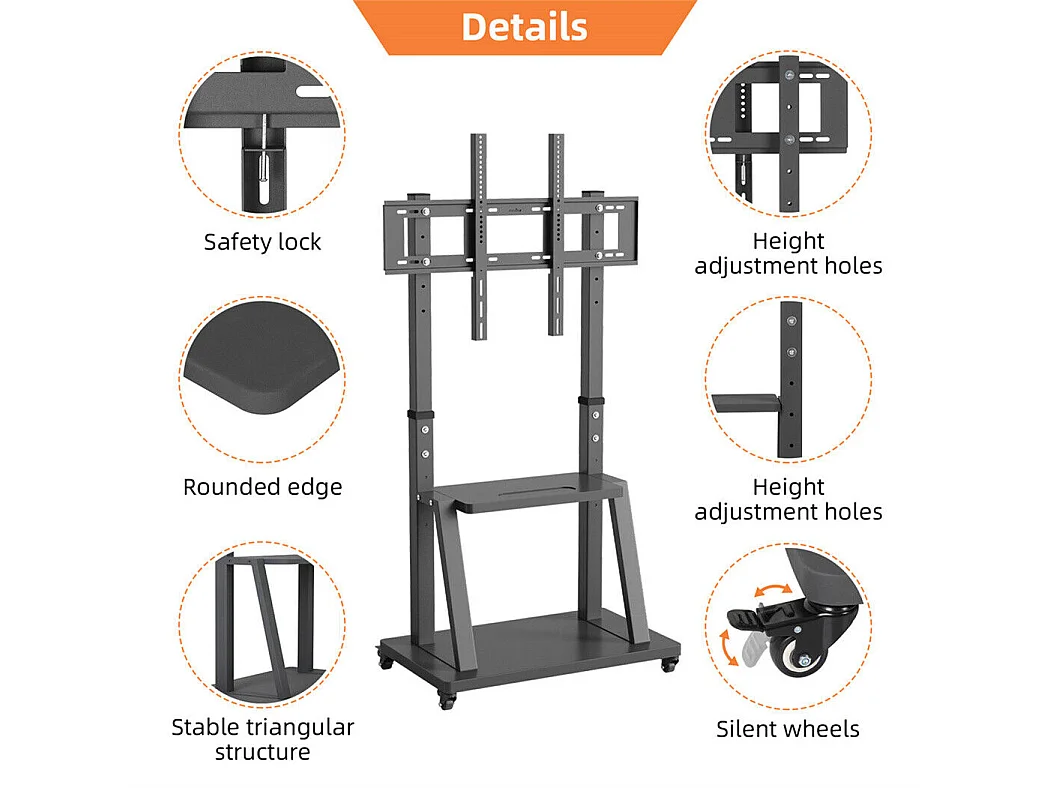 Support de TV avec 2 tablettes de rangement et  4 roulettes pour téléviseur de 32 à 80 pouce - Pied tv réglable - charge 65kg VESA Max 600x400