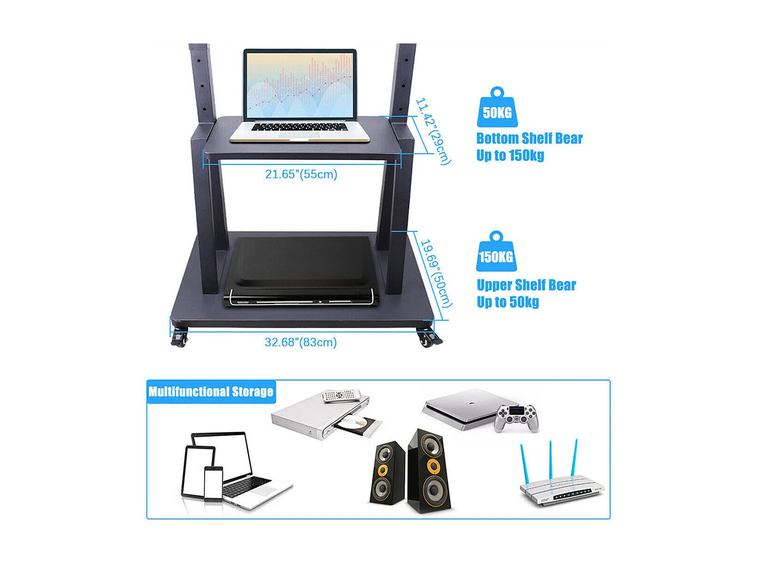 Support de TV avec 2 tablettes de rangement et  4 roulettes pour téléviseur de 32 à 80 pouce - Pied tv réglable - charge 65kg VESA Max 600x400