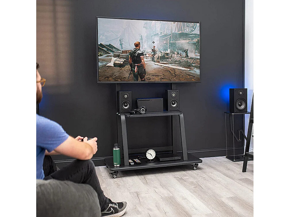 Support de TV avec 2 tablettes de rangement et  4 roulettes pour téléviseur de 32 à 80 pouce - Pied tv réglable - charge 65kg VESA Max 600x400