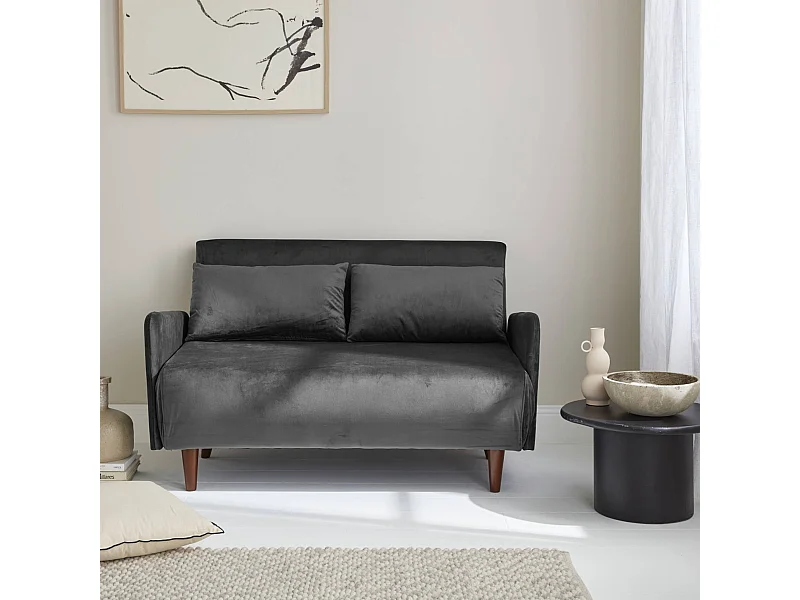 Divano letto a 2 posti in velluto con gambe in legno, grigio scuro