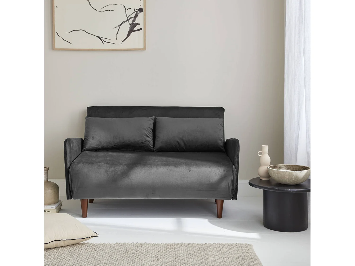 Divano letto in velluto con gambe in legno, 2 posti, grigio scuro