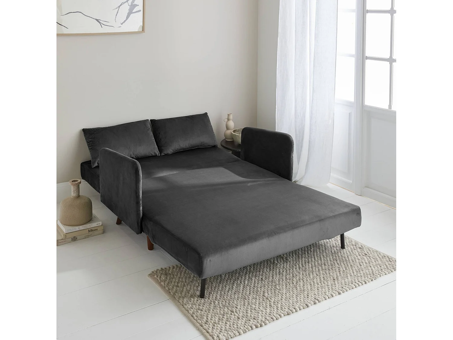 Divano letto in velluto con gambe in legno, 2 posti, grigio scuro