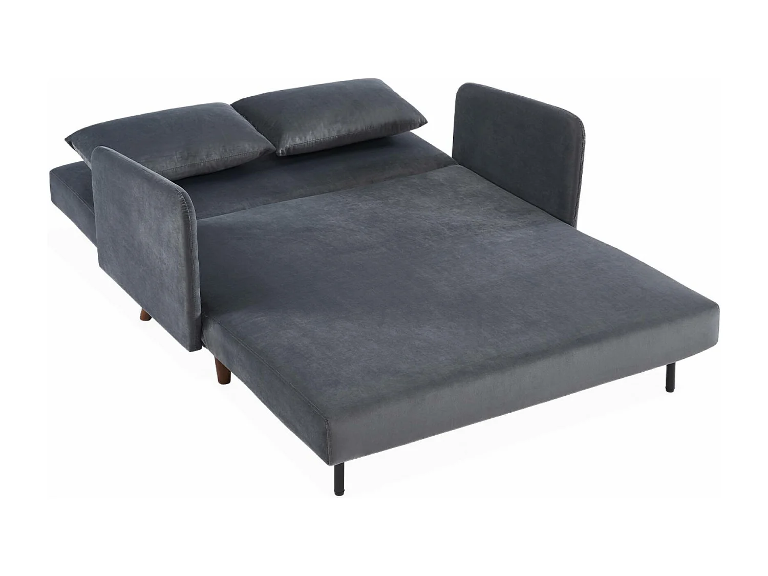 Divano letto in velluto con gambe in legno, 2 posti, grigio scuro