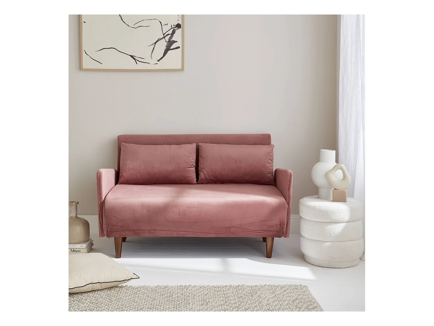 Canapé convertible en velours - Panam - 2 places scandinave. pieds bois foncé. vieux rose. banquette. dossier inclinable