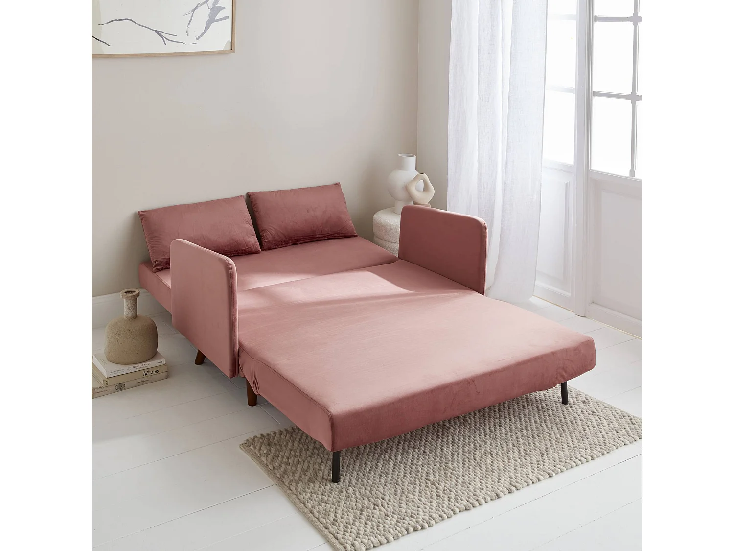 Divano letto in velluto con gambe in legno, 2 posti, rosa antico